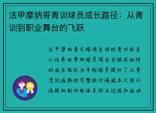 法甲摩纳哥青训球员成长路径：从青训到职业舞台的飞跃