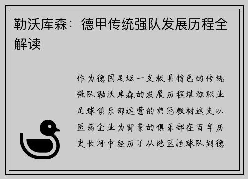 勒沃库森：德甲传统强队发展历程全解读