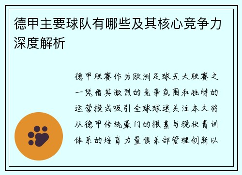 德甲主要球队有哪些及其核心竞争力深度解析